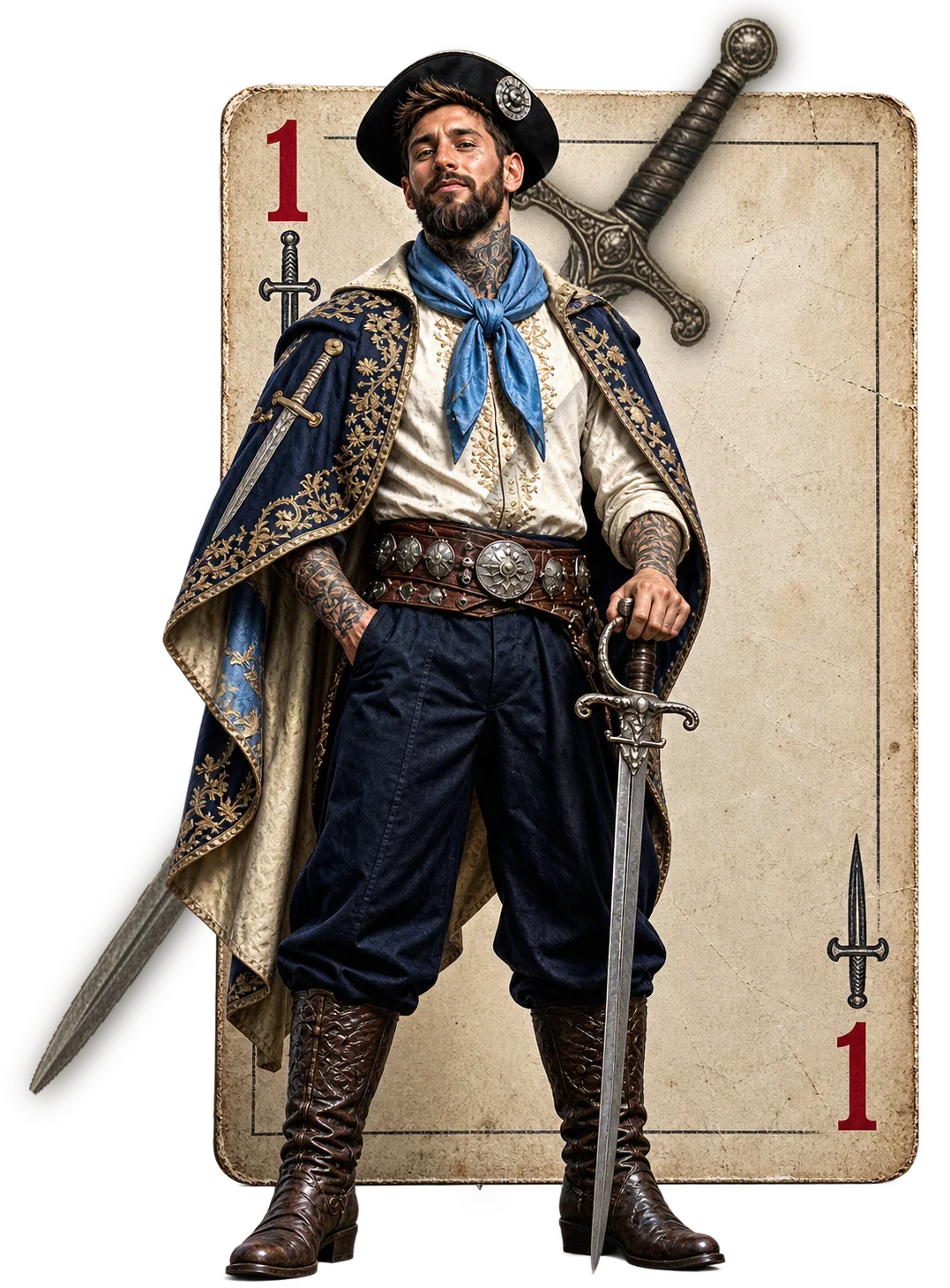 Un gaucho de capa azul y pañuelo celeste, espada en mano, delante del ancho de espadas